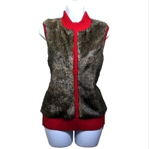 Kikit Red Knit Vest Brown Faux Fur Front Comfy Cozy Holiday Warm Soft Adorable